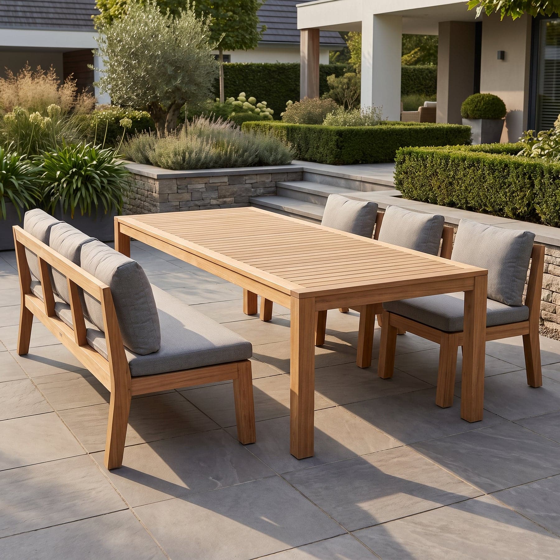 Maquia ahşap masa, bench ve sandalye takımı